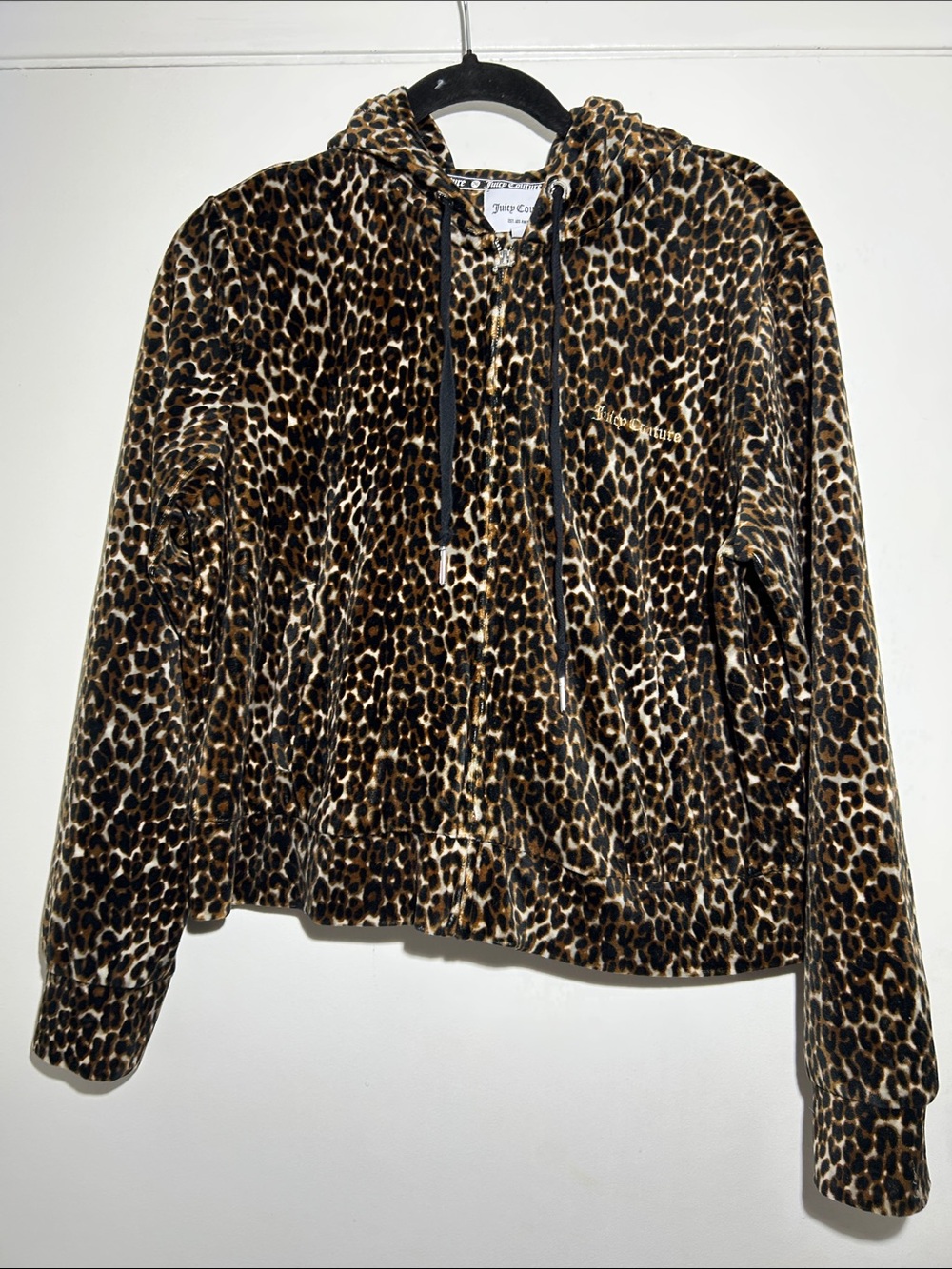 Juicy Couture Leopard Print Velour Hoodie Sweatshirt Pockets L